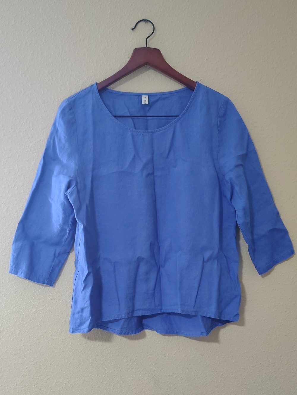 Amazhiyu 100% Linen 3/4 Sleeves Relaxed Blouse Size M Blue Nautical Beachy Boho